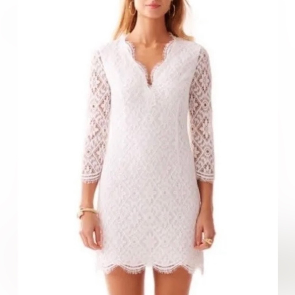 Lilly Pulitzer Meryl 3/4 Sleeve V Neck Resort White Diamond Lace Dress Size 6